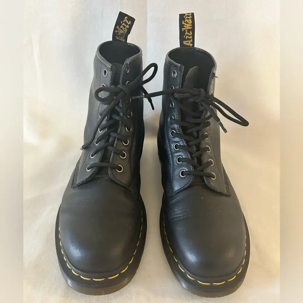 Dr. Martens Black Leather 8-Eye Lace-Up Boots with Yellow Stitching. Mens size 9